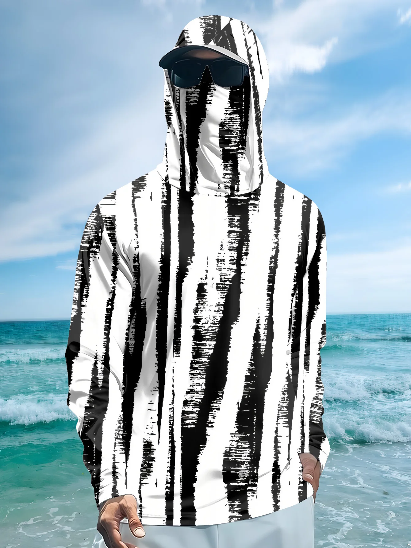 Men Black‑White Stripe Fishing - Fishing Mask Sun Protection ulasan dan harga