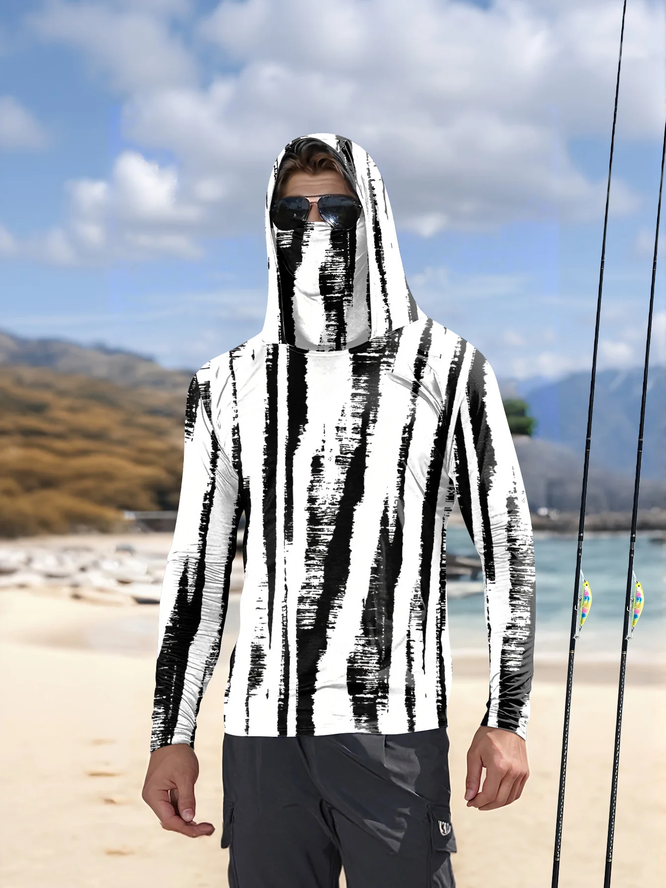 Men Black‑White Stripe Fishing - Fishing Mask Sun Protection ulasan dan harga